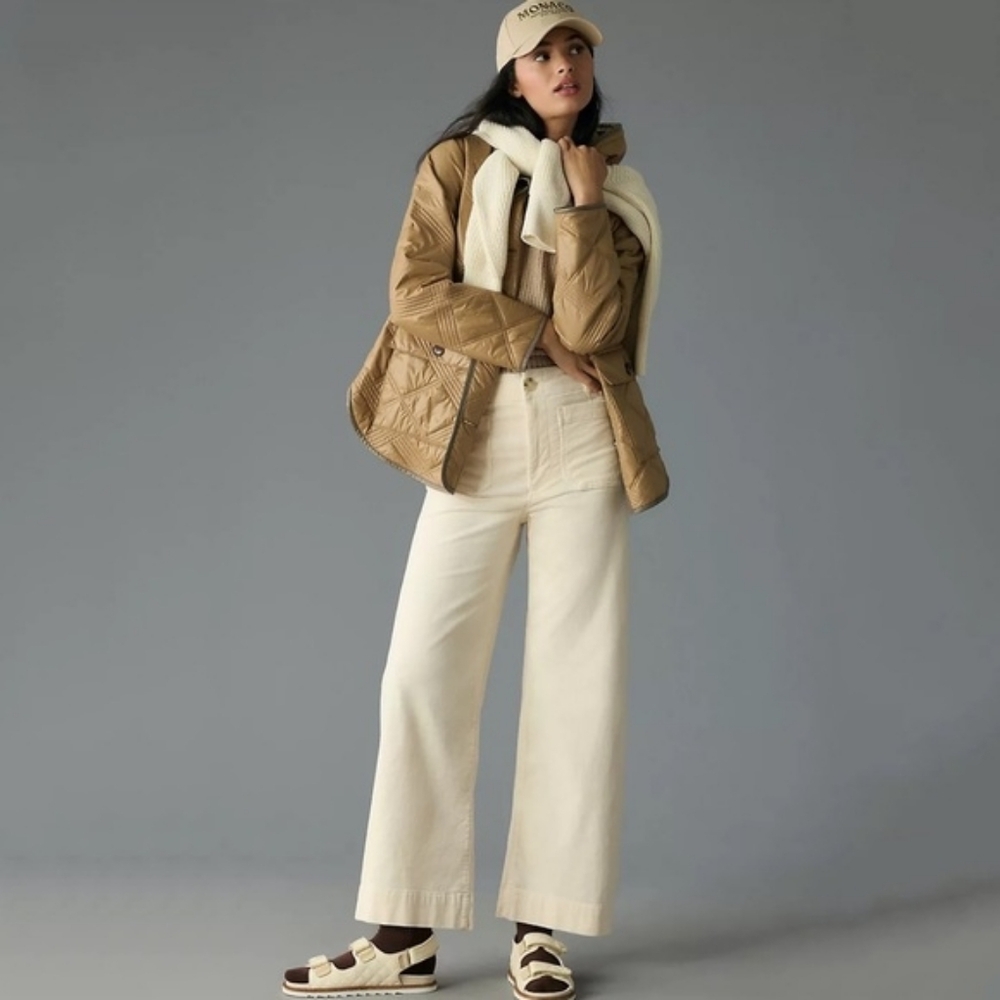 Maeve x Anthropologie The Colette Corduroy Wideleg Cropped Pants Neutral Ivory - Picture 3 of 14